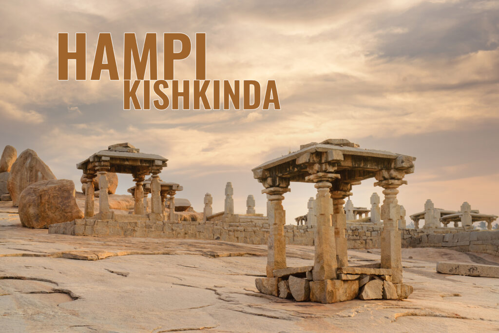 Beautiful architecture of ancient ruins of temple in Hampi at sunset, Karnataka, India